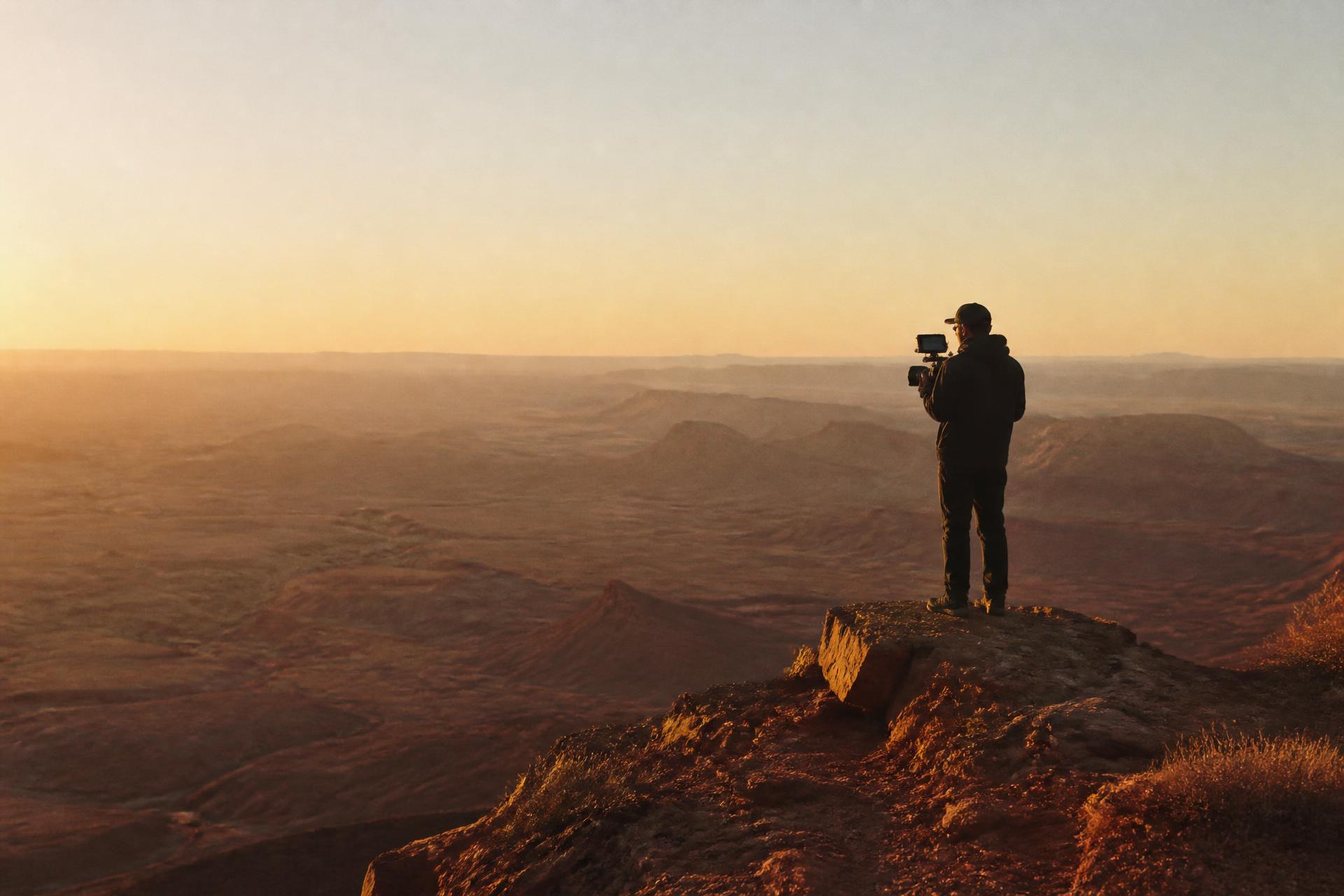 Filmmaker with a cinema camera on a canyon ridge at golden hour